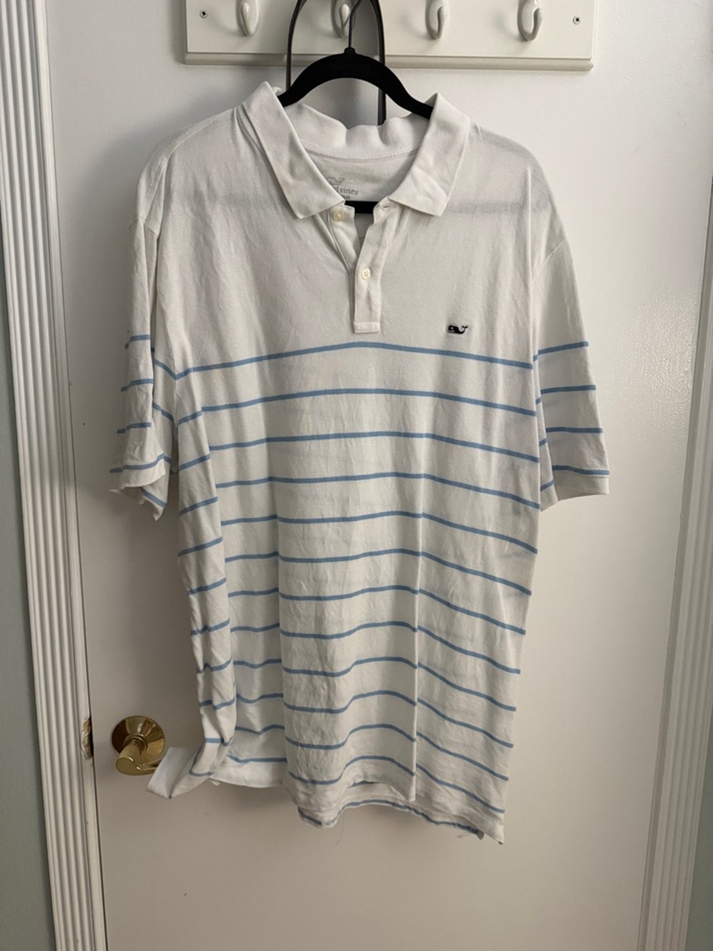 Vineyard Vines White Polo with Light Blue Stripes and Whale Logo